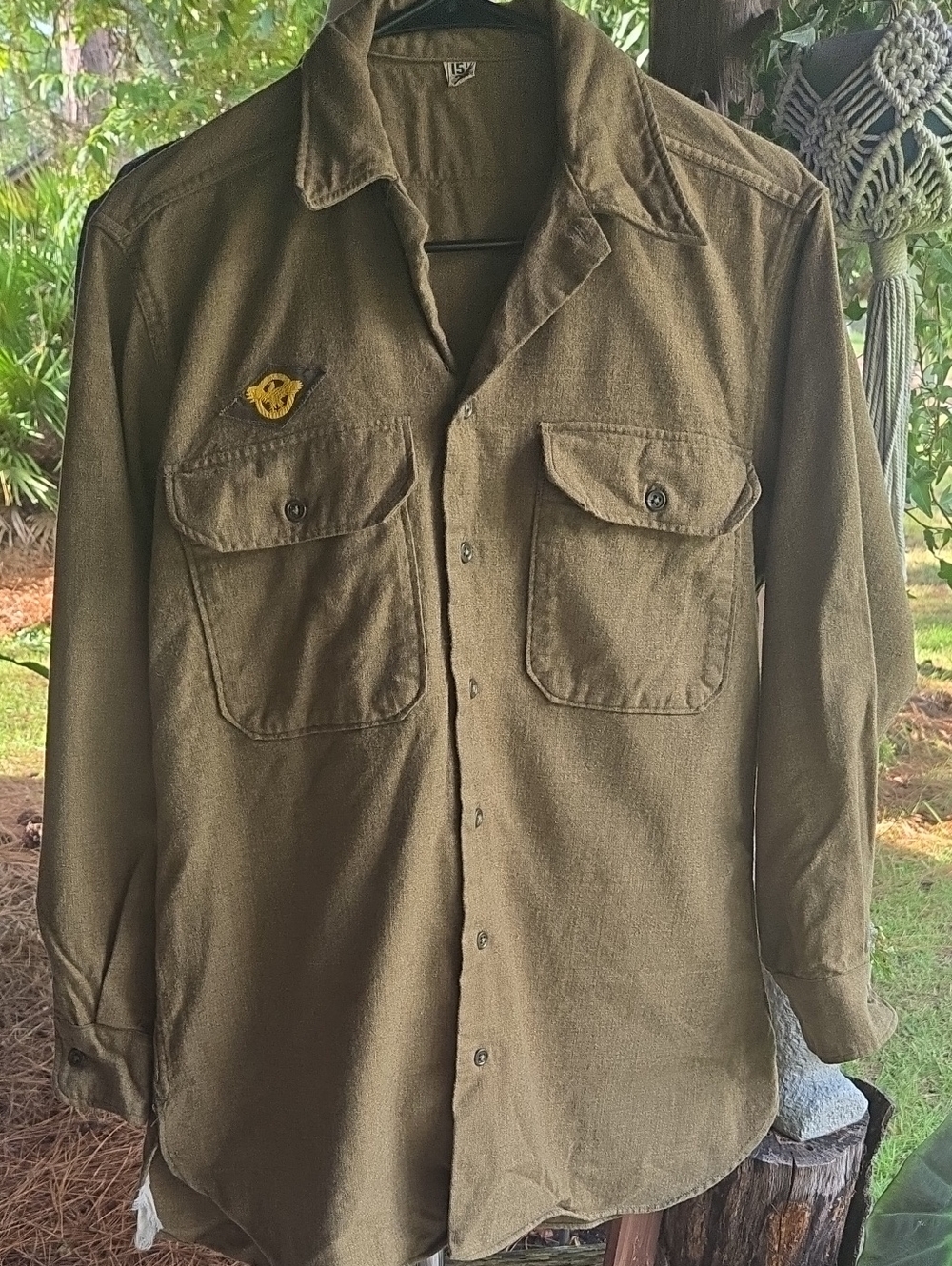 100% Wool Vintage WWII Men's Olive Green Button Front Size 15.5 Neck Medium